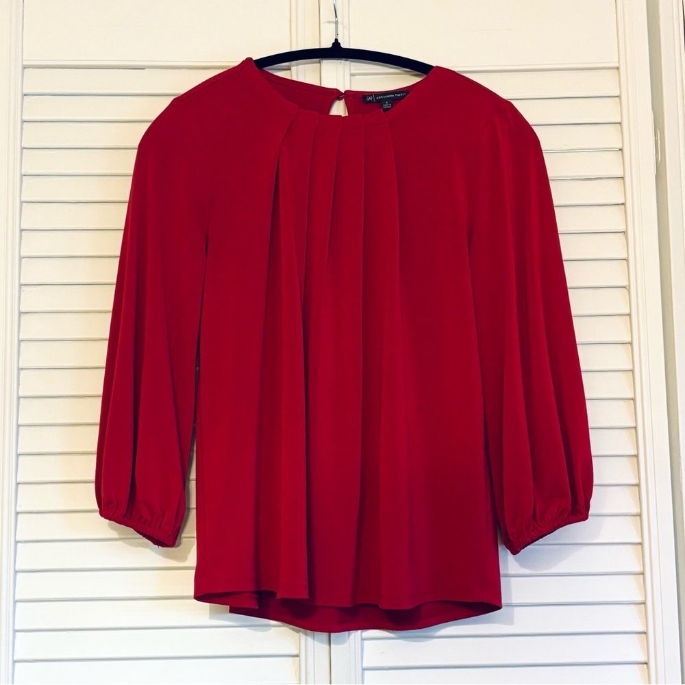 Adrianna Papell Red Blouse with Pleated Neckline Size Small S